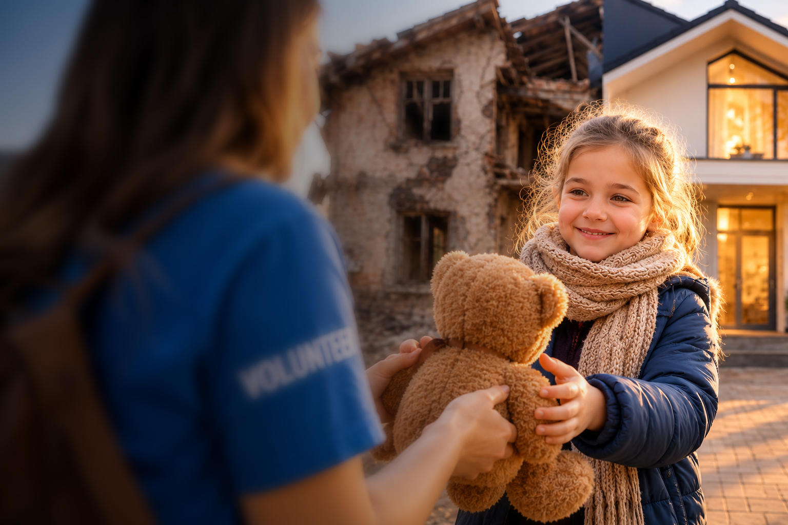 Volunteer handing a child a teddy bear in front of a rebuilt home